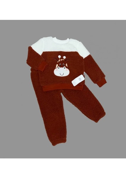 1-2-3 Yaş Ponponlu Zürafa Desenli Kuzu Kumaş Uzun Kollu 2li Kız Erkek Çocuk Takımı Kahverengi