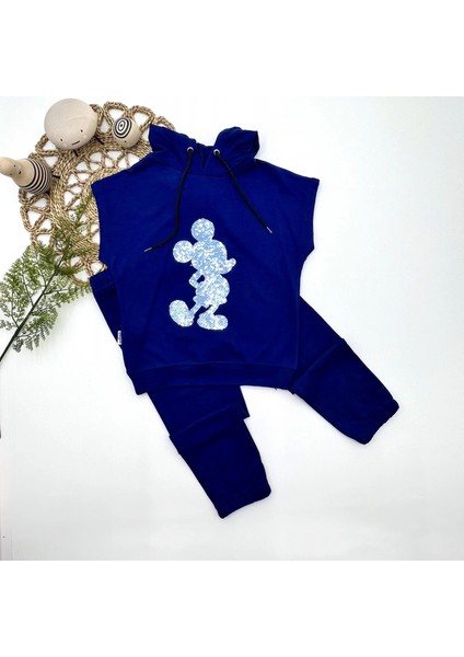 3-4-5 Yaş Kapşonlu Payetli Mickey Desenli Kısa Kol 2li Kız Erkek Çocuk Takımı Lacivert