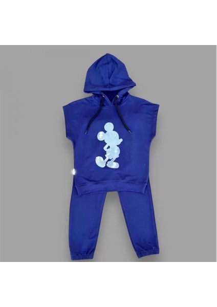 3-4-5 Yaş Kapşonlu Payetli Mickey Desenli Kısa Kol 2li Kız Erkek Çocuk Takımı Lacivert fiyatları