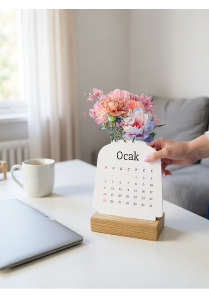 2026 Takvimi, Masa Takvimi, Çiçek Ahşap Ayaklı Masa Takvimi 003