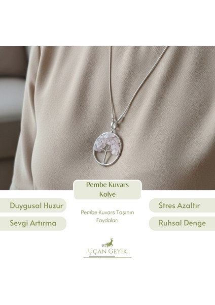 Hayat Ağacı Pembe Kuvars Kolye - Doğal Taşlı Zincirli Şıklık - Kadın Takı