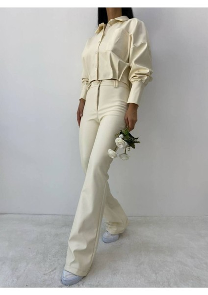 Kadın Krem Ispanyol Paça Deri Pantolon -10901 fiyatları