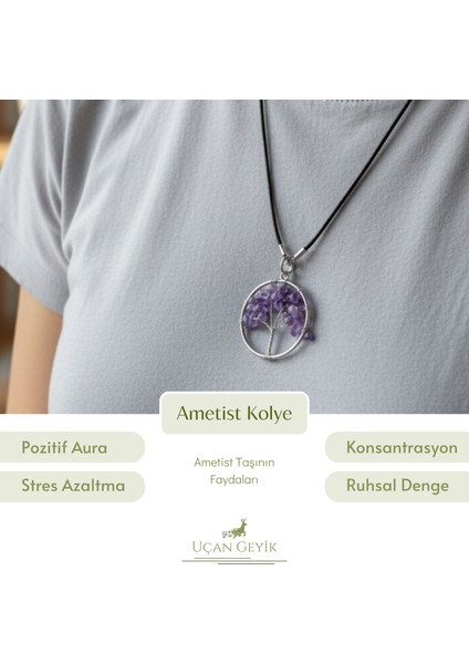 Hayat Ağacı Ametist Kolye - Siyah Paslanmaz Çelik Zincirli Doğal Taş Takı