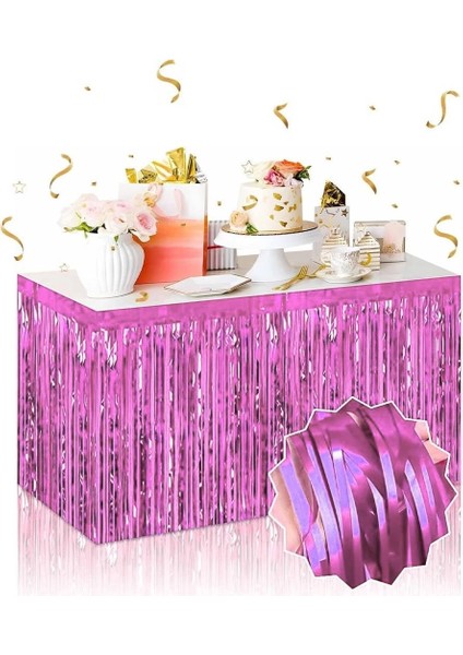 Kendinden Yapışkanlı Pembe Metalize Püsküllü Masa Eteği – 75 x 275 cm Parti Süslemesi