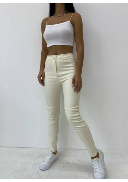 Kadın Bej Paça Gizli Fermuarlı Deri Pantolon - 10742 modelleri