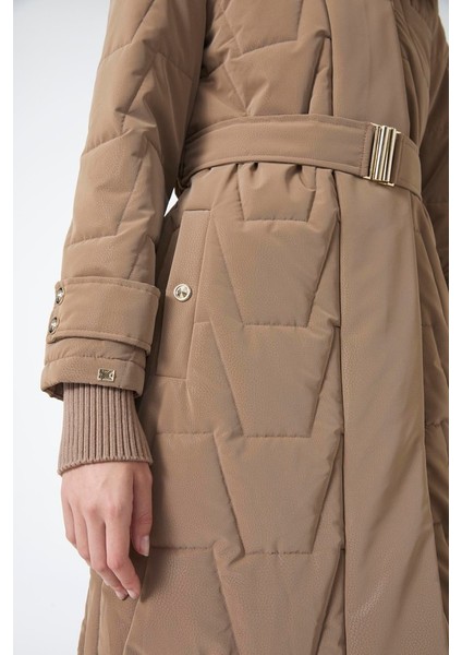 Yakası Kürk ve Kemer Detaylı Şişme Mont 12764 Bej 42 indirimleri