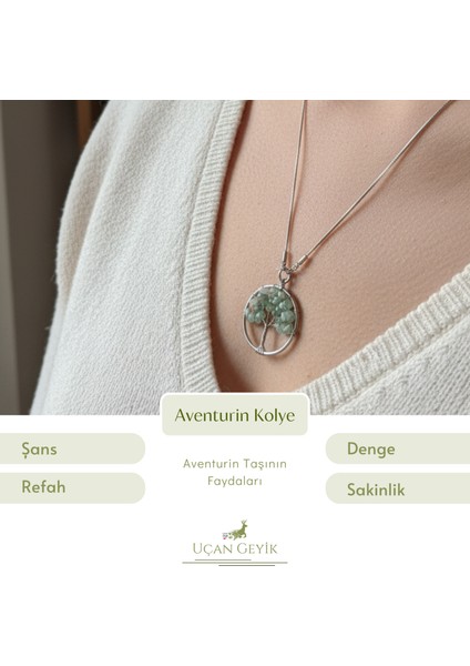 Hayat Ağacı Tasarımlı Aventurin Doğal Taş Zincirli Kolye - Yeşil Şifa Enerjisi