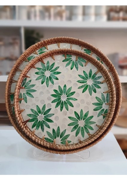 Mıen Hasır Örgü & Sedef Tabanlı Yuvarlak Tepsi Seti fiyatları