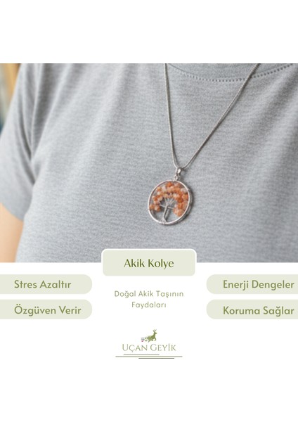 Hayat Ağacı Akik Taşlı Kolye - Zincirli Tasarım, Doğal Taş Enerjisi