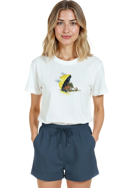 Kadın Beyaz Relaxed Fit %100 Pamuk Tişört – Şemsiye Ev Suluboya Baskılı