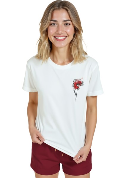 Kadın Beyaz Relaxed Fit %100 Pamuk Tişört – Kırmızı Gelincik Suluboya Minyatür Baskılı modelleri