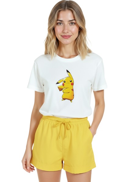 Kadın Beyaz Relaxed Fit %100 Pamuk Tişört – Pikachu Çizgi Karakter Baskılı