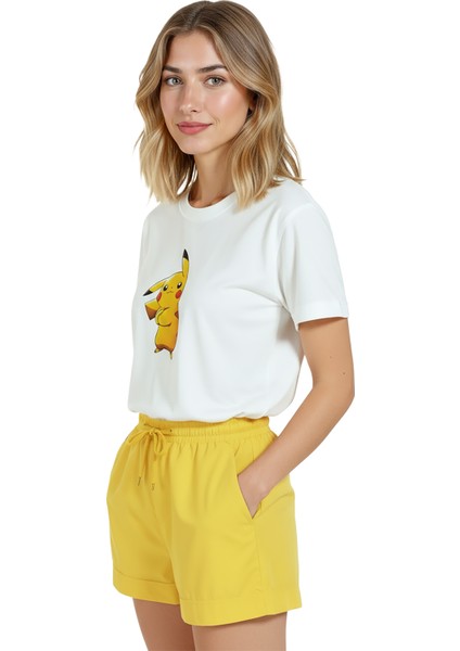 Kadın Beyaz Relaxed Fit %100 Pamuk Tişört – Pikachu Çizgi Karakter Baskılı fırsatları