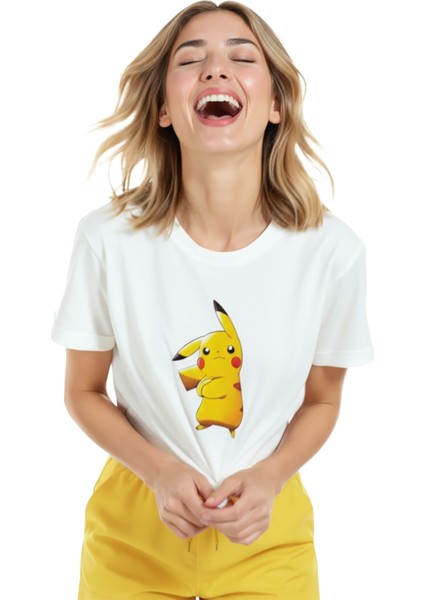 Kadın Beyaz Relaxed Fit %100 Pamuk Tişört – Pikachu Çizgi Karakter Baskılı indirimleri