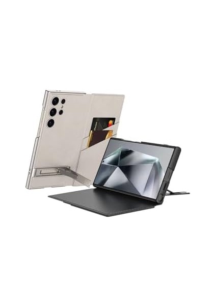 Galaxy S24 Ultra ile Uyumlu Deri Dokulu Folyo Kapaklı Kart Yuvalı Destek Çubuklu 360° Koruma Telefon Kılıfı – Siyah modelleri