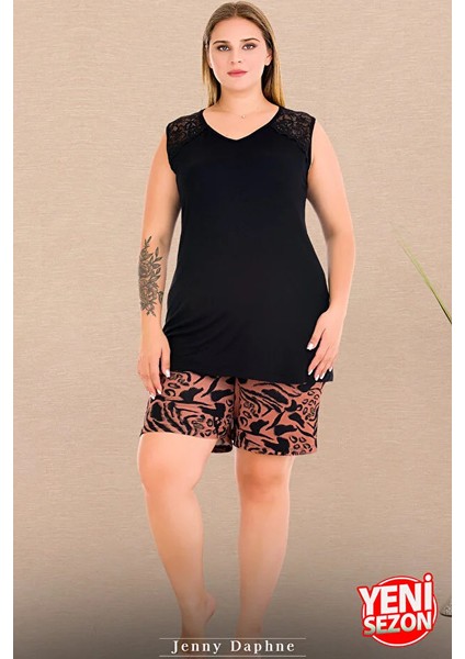 Lady Büyük Beden Desenli Şort V Yaka Sıfır Kol Şortlu Pijama Takımı