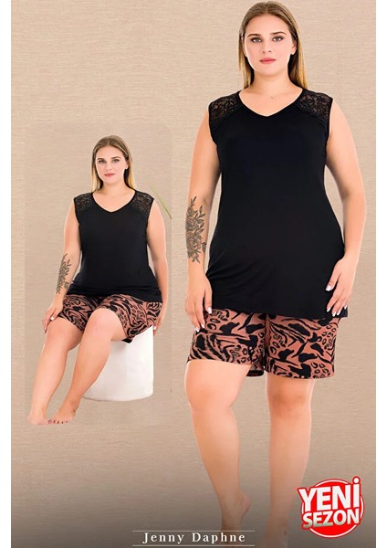 Lady Büyük Beden Desenli Şort V Yaka Sıfır Kol Şortlu Pijama Takımı fiyatları