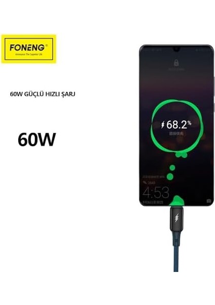 Foneng X87 60W Type-C To Type-C Örgülü Pd Hızlı Şarj ve Data Kablosu 1.2 Metre modelleri