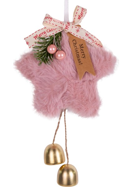 Yılbaşı Süsü Yıldız Çanlı Pudra Pembe 14X20 Cm.