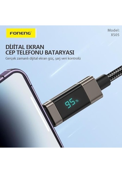 XS05 100W Dijital Ekranlı Type-C To Type-C Şarj ve Data Kablosu Ip Örgülü 1,2m modelleri