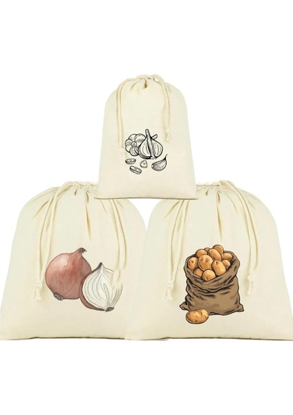 Patates, Soğan ve Sarmısak Saklama Torbası, 3&apos;lü Set, Ham Bez Kumaş, Çekme Ipli