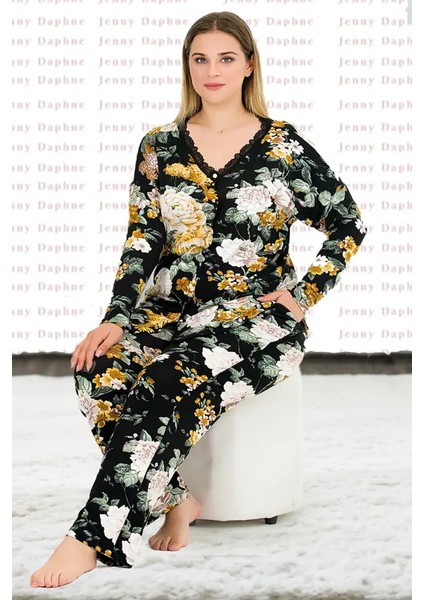 Lady Çiçek Desenli Uzun Kollu Düğmeli Üst ve Alt Büyük Beden Viskon Kumaş Pijama Takımı fiyatları