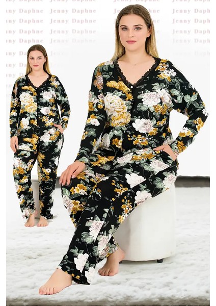 Lady Çiçek Desenli Uzun Kollu Düğmeli Üst ve Alt Büyük Beden Viskon Kumaş Pijama Takımı modelleri