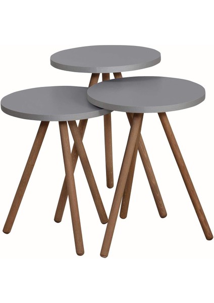 Renkli Üçlü Zigon Sehpa Ahşap Ayaklı Yuvarlak Pastel Tasarım Gri