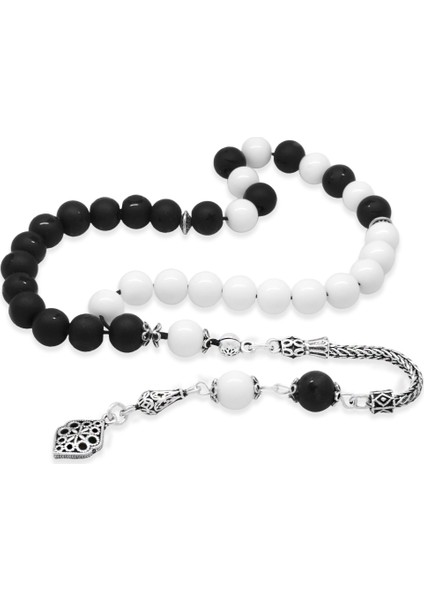 925 Ayar Gümüş Püsküllü Küre Kesim Siyah Beyaz Jade Ayyıldız Oniks Doğaltaş Taraftar Tesbih
