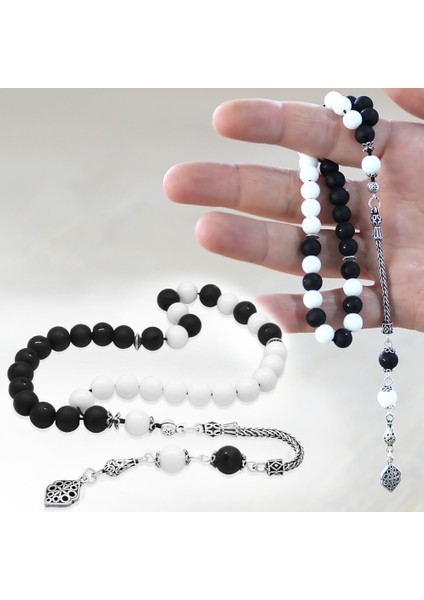 925 Ayar Gümüş Püsküllü Küre Kesim Siyah Beyaz Jade Ayyıldız Oniks Doğaltaş Taraftar Tesbih fiyatları