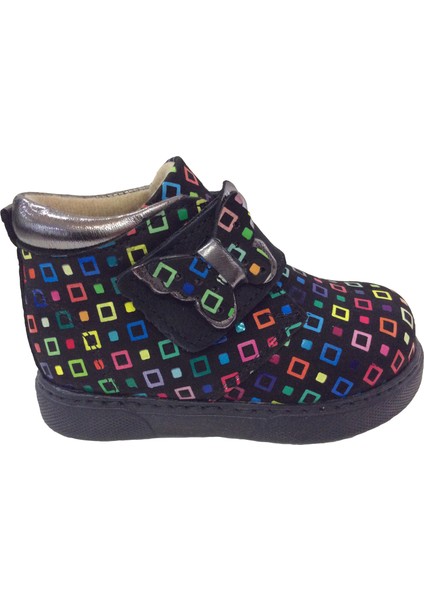 1001 Ridente Siyah Platin Baskı Bebe Kız Çocuk Bot % 100 Deri Kalın Tek Cırtlı