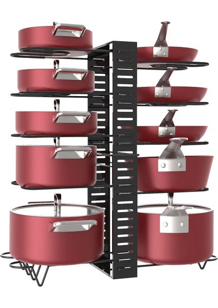 Tencere Rafları, Kaymaz Ayaklarla 10 Kademeli Ayarlanabilir Yükseklik, 6 Kendin Yap Yöntemi, Genişletilebilir Mutfak Dolabı Kiler Tavaları ve Tencere Kapağı Düzenleyici Raf Tutucu, Siyah