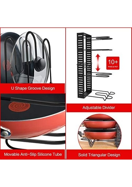 Tencere Rafları, Kaymaz Ayaklarla 10 Kademeli Ayarlanabilir Yükseklik, 6 Kendin Yap Yöntemi, Genişletilebilir Mutfak Dolabı Kiler Tavaları ve Tencere Kapağı Düzenleyici Raf Tutucu, Siyah fiyatları