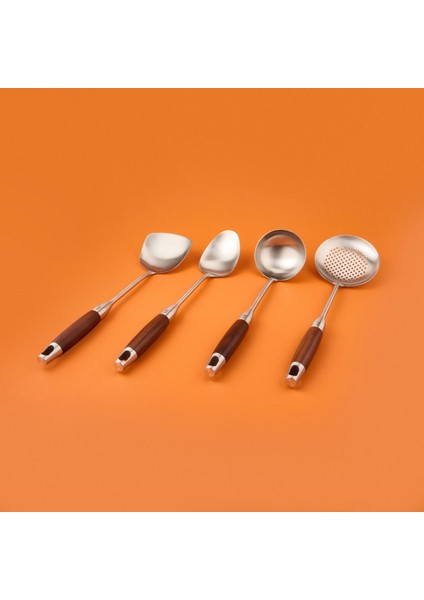 4'lü Ahşap Saplı Kepçe Seti - Gri / Kahverengi