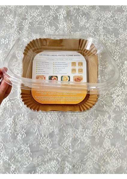 Fryer Pişirme Kağıdı, Hava Fritözü Kağıdı, Fırın Pişirme Kağıdı, Xl ve Xxl Uygun, Tarım Bakanlığı Onaylı, Kare Tabak, Koruma Tabağı ile Birlikte, 20X20+4,5 Cm, 100 Adet