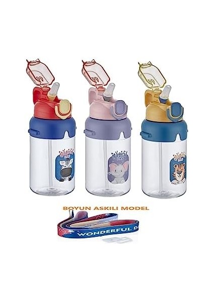 Boyun Askılı Kalın Pipetli Kilitli Kapak 650 ml Okul Su Matarası 3 Renk fiyatları