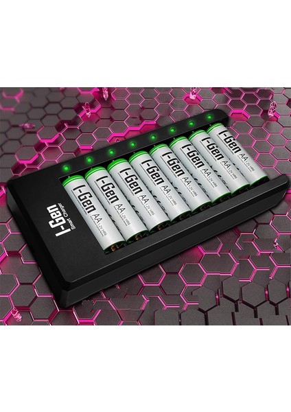G827 8&apos;li Pil Şarj Aleti + 8 Adet Aa 2700 Mah Şarj Edilebilir Aa Şarjlı Pilli Set 1.2V Ni-Mh