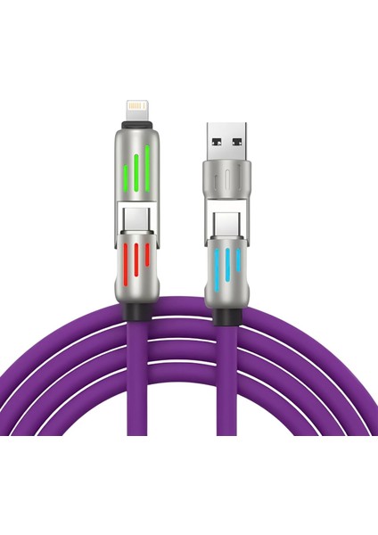 240W 4&apos;ü 1 Arada Type-C/usb-A/lightning Mor Silikon Şarj ve Data Kablosu 1.2 Metre