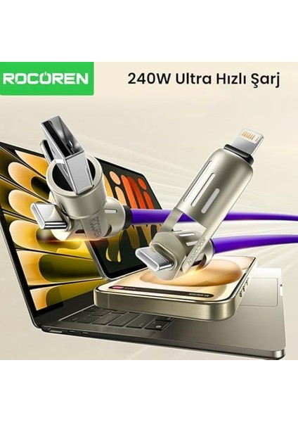 240W 4&apos;ü 1 Arada Type-C/usb-A/lightning Mor Silikon Şarj ve Data Kablosu 1.2 Metre fiyatları