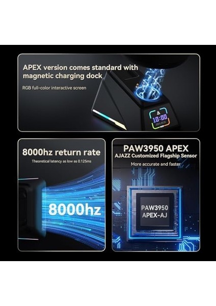 Ajazz AJ-179 Apex 42000 Dpı Manyetik Şarj Istasyonu-Tft Ekranlı Mouse-Paw 3950 Sensör-8k AJ179 (Beyaz) modelleri