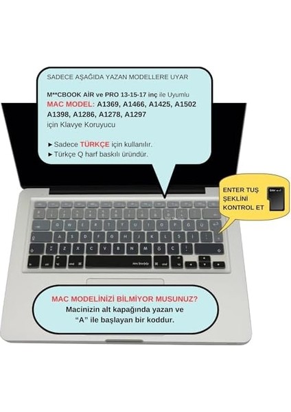MacBook Klavye Filmi Türkçe Q Kaplama Ultra Ince Silikon Air Pro Eski USB Li Modeller 2008-2017 Uyumlu Yıkanabilir Koruyucu Film Renkli Baskı Siyah Gri fiyatları