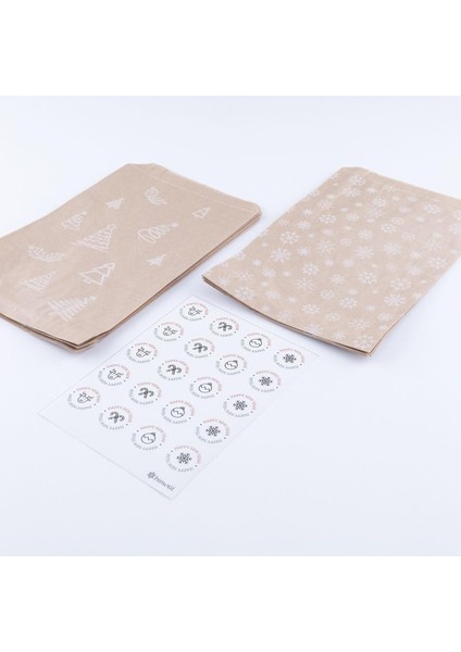 20 Adet Çam ve Kar Desenli Kese Kağıdı (18X30 Cm) ve Yılbaşı Oluşan Set