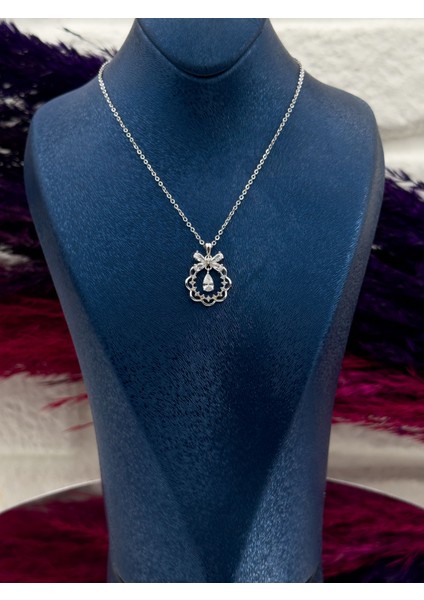 925 Ayar Gümüş Özel Tasarım Damla Kurdela Desenli Popüler Kadın Kolye
