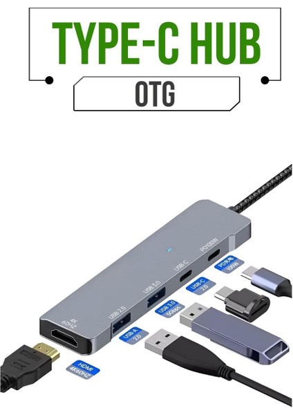 Type-C Hub Çoklu Dönüştürücü Otg 7’si 1 Arada HDMI USB 3.0 Sd Kart Okuyucu Adaptör