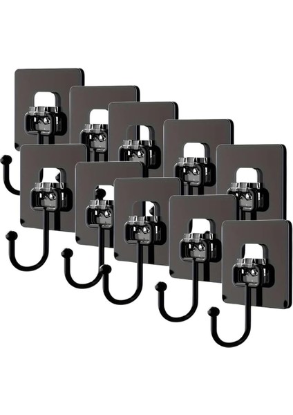 10 Adet Duvara, Dolapa Yapışan Güçlü Yapışkanlı Siyah Duvar Askısı, Delmeden, Vida Kullanmadan Pratik Çözüm