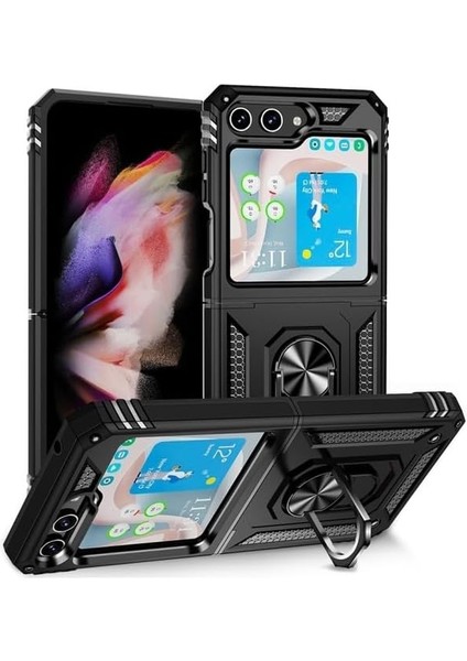 Galaxy Z Flip 5 Uyumlu Kamera Korumalı Yüzüklü Standlı Tank Kılıf (Siyah, Galaxy Z Flip 5)