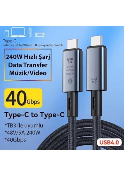40GBPS 240W 4.0 Thunderbolt Type-C To Type-C Şarj, ve 8k 60Hz Görüntü Aktarım Kablosu Tip C 1 Metre ZR852 modelleri