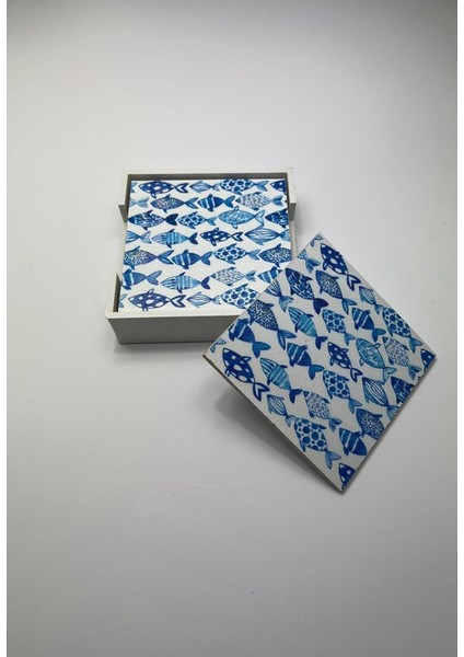Ahşap Altlığı Seti (Kutulu - Mavi Balık Desenli)