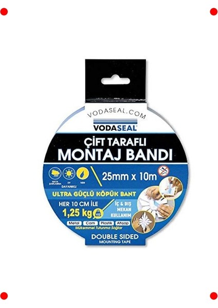Güçlü Çift Taraflı Montaj Bandı, 25MM x 10M
