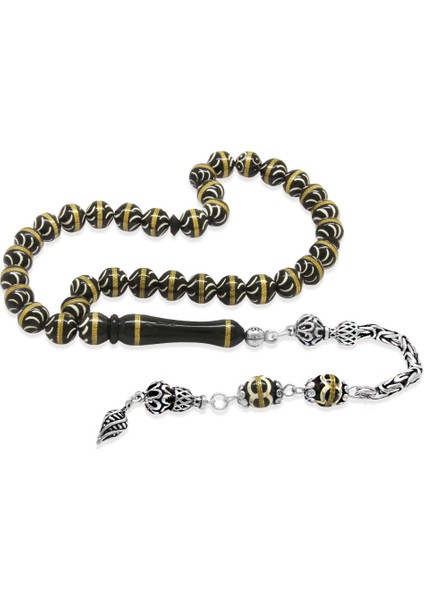 Kuka Tesbih – Siyah – 925 Ayar Gümüş Püsküllü - Pirinç Sarmal - Beyaz Mine Dolgulu – Istanbul Kesim